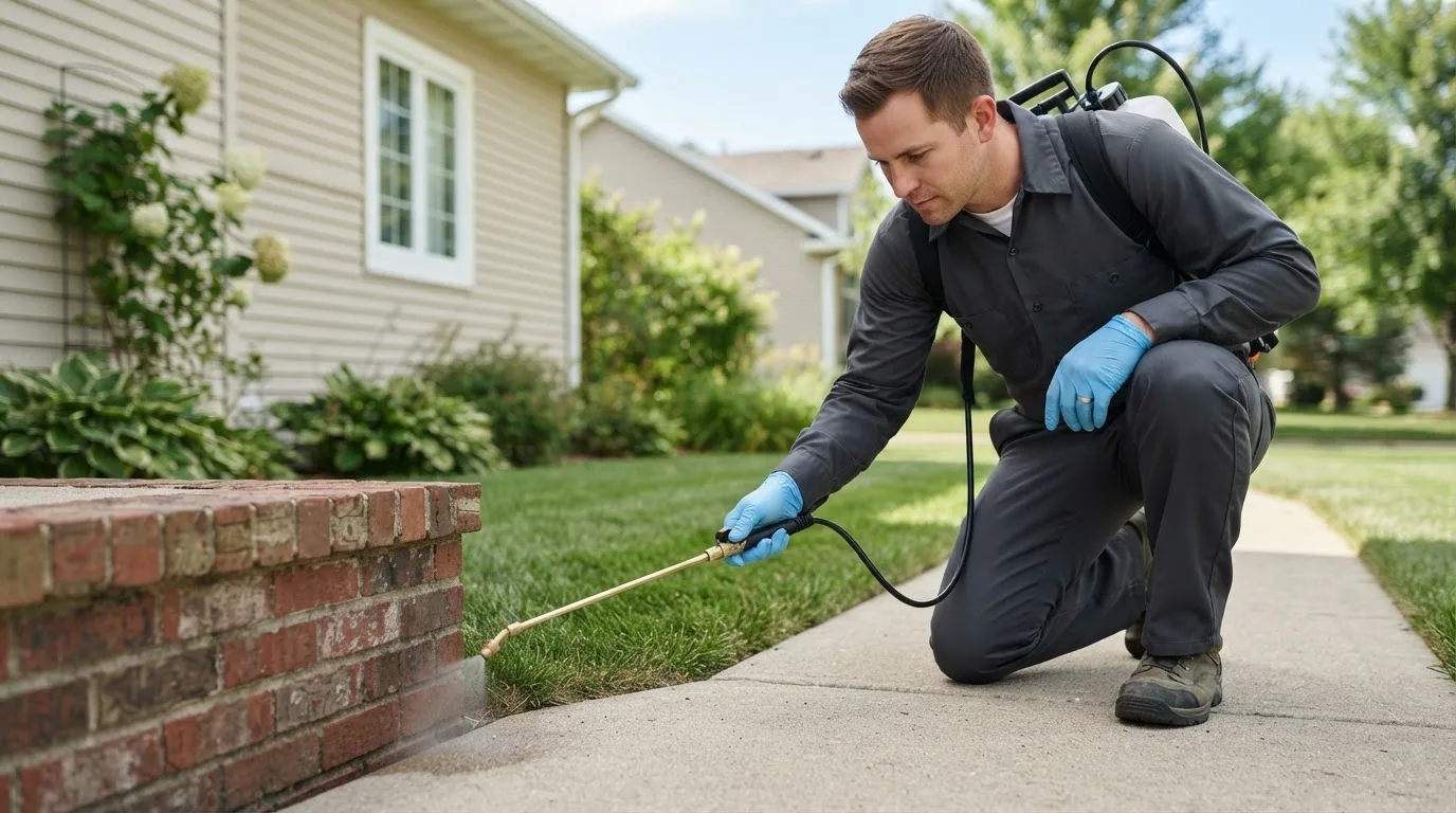 Pest control technician treating a home near Donie, TX