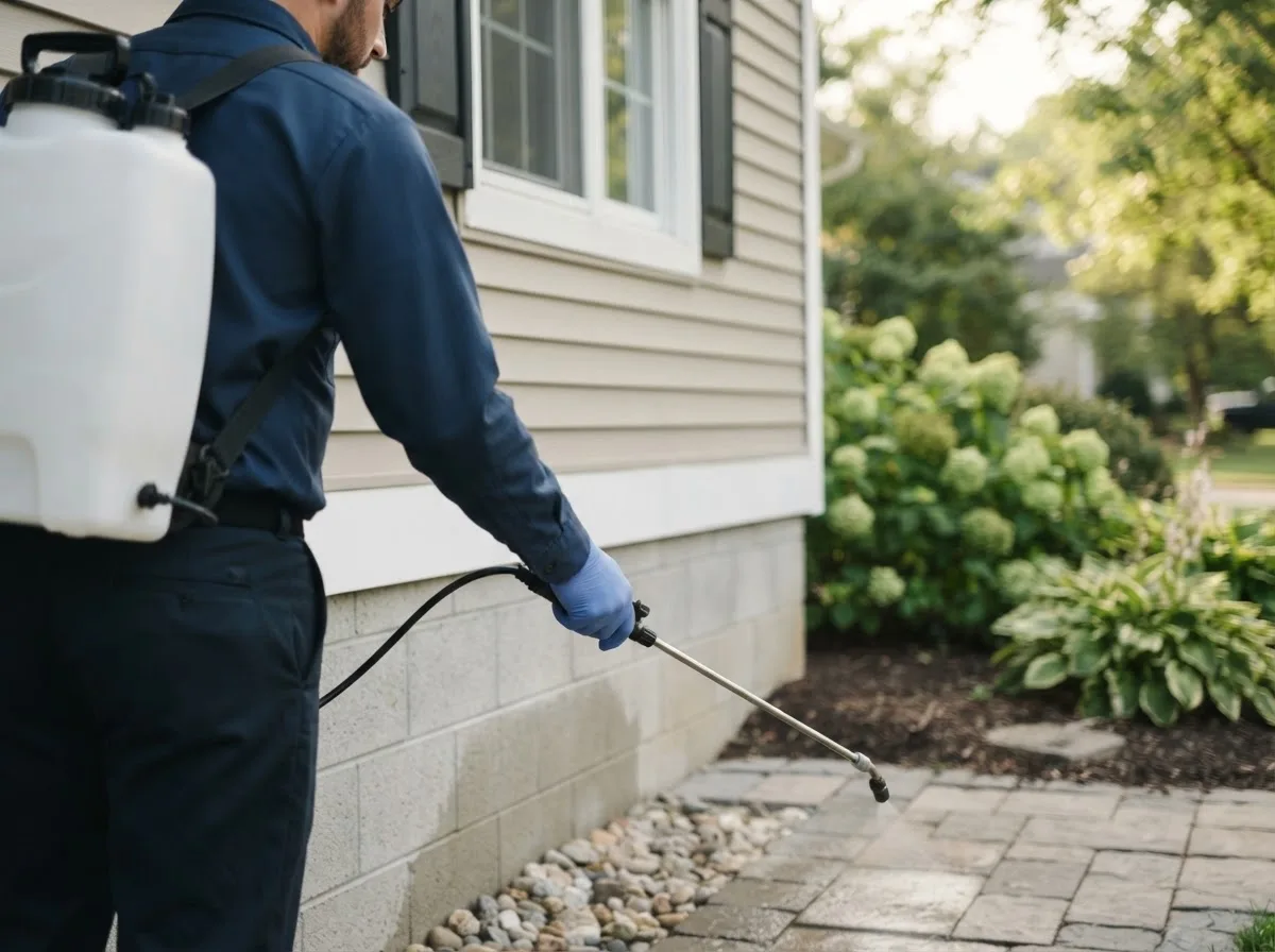 Pest control technician inspecting a home in Donie, TX